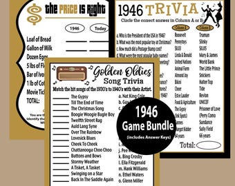 May include: A 1946 game bundle featuring three printed activity sheets with gold and black accents. The sheets include The Price Is Right, 1946 Trivia, and Golden Oldies Song Trivia, each with lists of questions, song titles, and blank lines for answers.