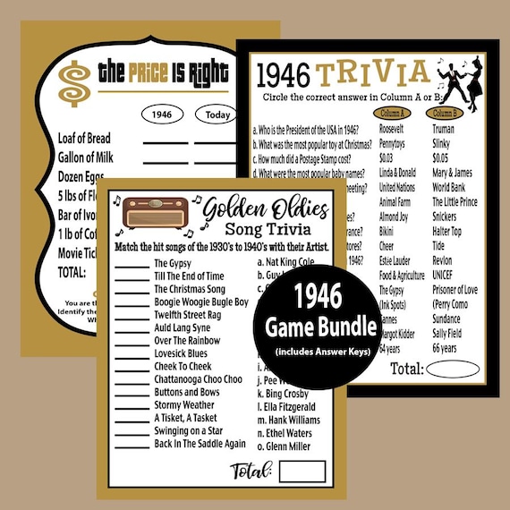 80th Birthday Games, 80th Birthday Gold and Black Trivia Games, 1946 Price is Right Game, 1946 Trivia, Instant Download
