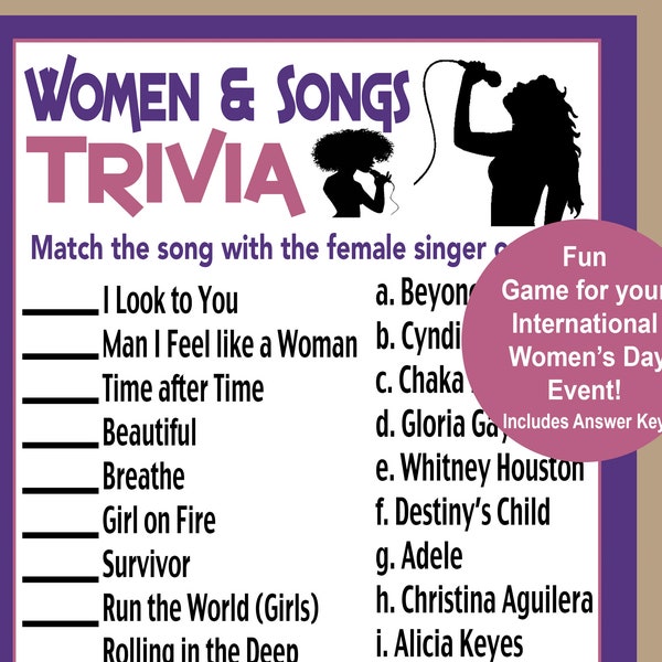 International Womens Day Music Trivia, Womens History Month Trivia Game, Women Song Trivia, International Womens Day Icebreaker Game