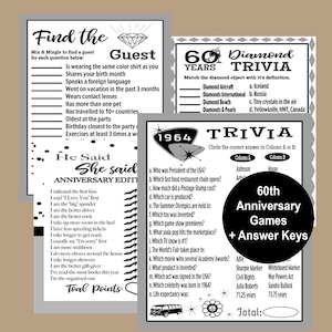 60th Anniversary Games, Anniversary Games, 60th Anniversary Party, Diamond Anniversary Trivia, 1964 Trivia Games, Instant Download