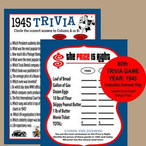 80th Birthday Party Games, 80th Birthday Ideas, 1945 Trivia Game, 1945 Price is Right Birthday Game, Instant Download
