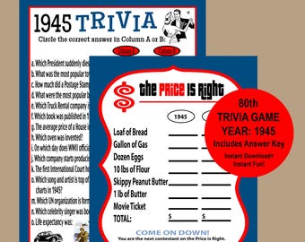 80th Birthday Party Games, 80th Birthday Ideas, 1945 Trivia Game, 1945 Price is Right Birthday Game, Instant Download