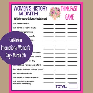 International Women&#39;s Day Game, Women&#39;s History Month Trivia, March 8th Trivia Game, International Women&#39;s Day Trivia, Think Fast Game