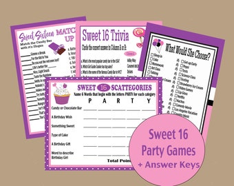 Sweet 16 Birthday Party Games, Sweet Sixteen Party Ideas, Teen Birthday Games, Birthday Activities, 16th Birthday Trivia, Instant Download