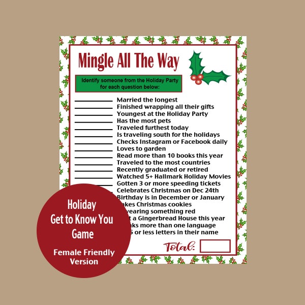 Holiday Game, Holiday Baby Shower Game, Adult Holiday Game, Find Someone Game, Get to Know You Game, Ladies Christmas Party Game, Printable