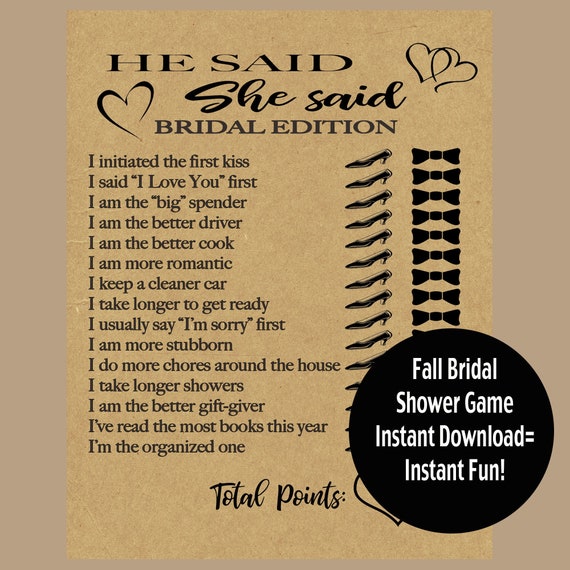 He Said She Said Bridal Shower Game, Kraft Bridal Shower Games.
