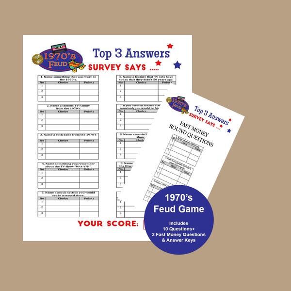 1970's Family Feud Game, 70th Birthday Party Trivia, 1970's Birthday Party Theme, 50th Birthday Game, 70's Party Games, Instant Download