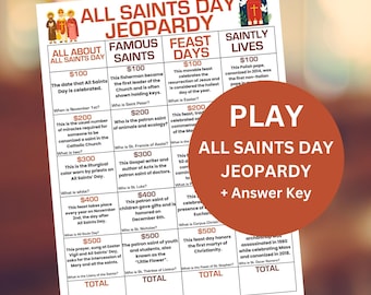Puede incluir: Juego de Jeopardy del Día de Todos los Santos con una clave de respuestas. El tablero del juego es blanco con texto y gráficos coloridos. Las categorías incluyen Todo sobre el Día de Todos los Santos, Santos famosos, Días de fiesta y Vidas santas.