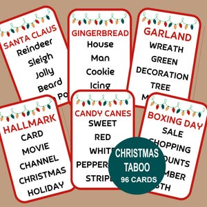 May include: 96 Christmas Taboo game cards with red and green Christmas lights and white text. The cards feature words related to Christmas, such as Santa Claus, reindeer, sleigh, gingerbread, candy canes, and boxing day.