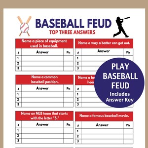 Pode incluir: Um jogo imprimível com tema de beisebol chamado "Baseball Feud" com um logotipo azul e branco. O jogo pede aos jogadores que nomeiem um equipamento usado no beisebol, uma forma como um batedor pode ser eliminado, uma posição comum no beisebol, um time da MLB que começa com a letra "S" e um filme famoso de beisebol. O jogo inclui uma chave de resposta.
