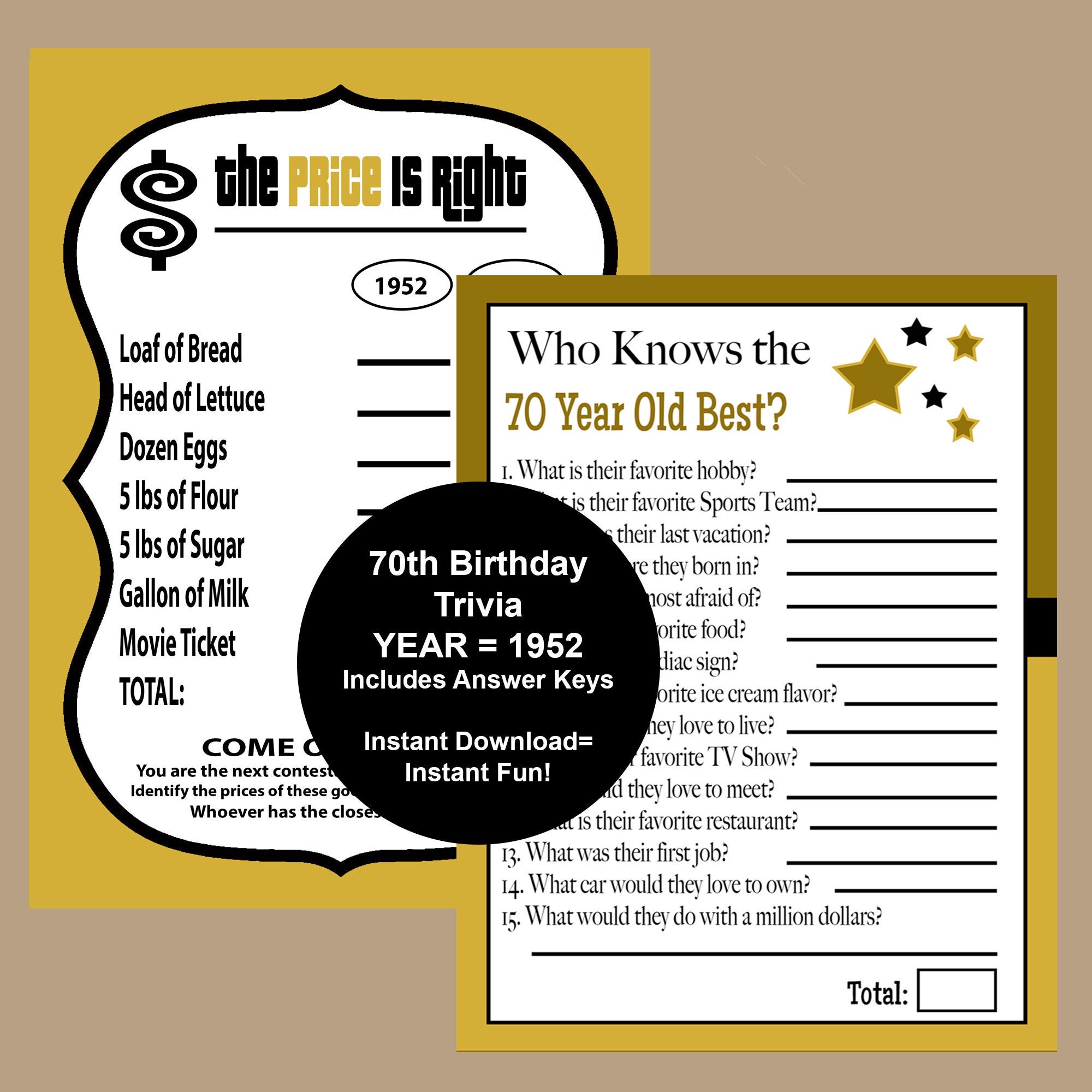 70th Birthday Party Games 70th Birthday Gold and Black Trivia | Etsy