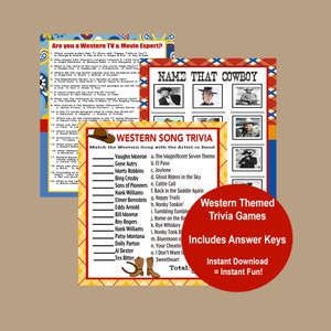 Giochi a quiz a tema western, festa di compleanno a tema western, barbecue western, quiz sulle canzoni western, quiz sui film western, download immediato