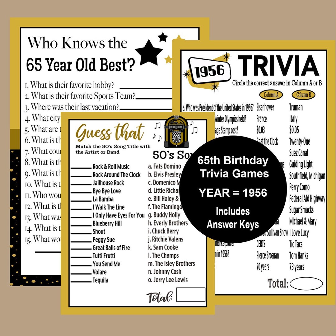 65th Birthday Party Games, 1958 Trivia Party Games, 1958 Gold and Black ...