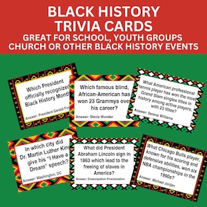 May include: Black History trivia cards with questions and answers about prominent figures and events. The cards are designed for educational use in schools, youth groups, and churches. The cards feature questions about Martin Luther King Jr., Serena Williams, and more.