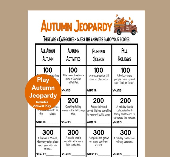 Autumn Trivia Game, Autumn Jeopardy, Fall Trivia Game, Autumn Seniors Game, Autumn School Game, Icebreaker, Fun Fall Activity