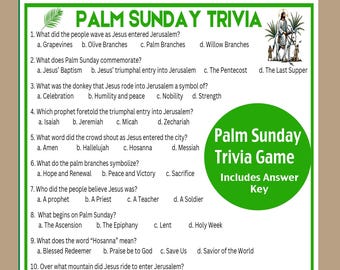 May include: A green and white printable Palm Sunday trivia game with 11 questions and answers. The game includes a picture of Jesus riding a donkey with palm branches.