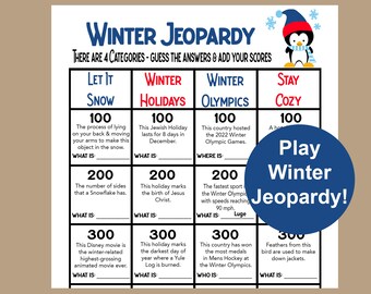 May include: A printable Winter Jeopardy game board with four categories: Let It Snow, Winter Holidays, Winter Olympics, and Stay Cozy. Each category has three questions with point values of 100, 200, and 300. The board features a cartoon penguin wearing a red hat and scarf.