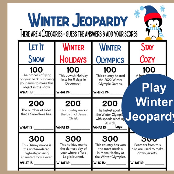 Winter Trivia Game, Winter Jeopardy, Winter Seniors Game, Winter School Game, Winter Icebreaker, Fun Winter Activity, Family Winter Game