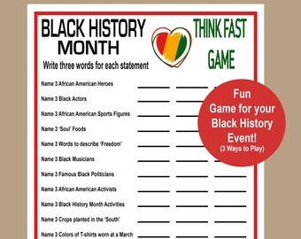 Black History Think Fast, Black History Month Trivia Game, Fun Black History Game, Seniors Game, Black History School Game, Instant Download