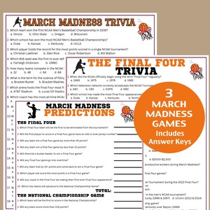 Puede incluir: Un juego de preguntas y respuestas imprimible sobre el Torneo Masculino de Baloncesto de la NCAA, también conocido como March Madness. El juego incluye preguntas sobre la historia del torneo, el Final Four y el partido por el Campeonato Nacional. El juego está diseñado para 3 jugadores e incluye claves de respuesta.