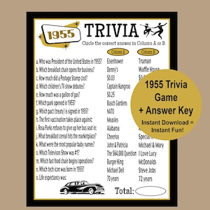 1955 Trivia Game, 70th Birthday Party Game, 70th Birthday Gold and Black Trivia Party Game, Icebreaker Game, Instant Download