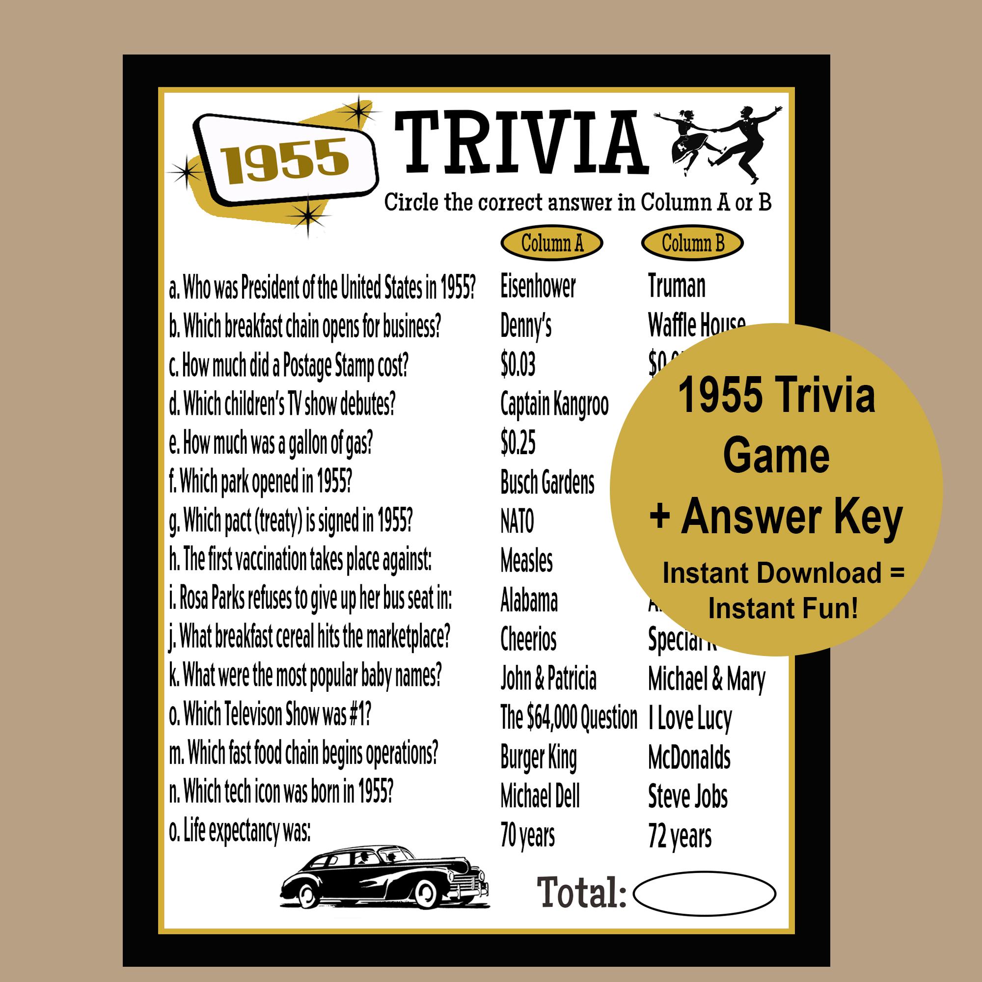 1955 Trivia Game, 70th Birthday Party Game, 70th Birthday Gold and Black Trivia Party Game, Icebreaker Game, Instant Download