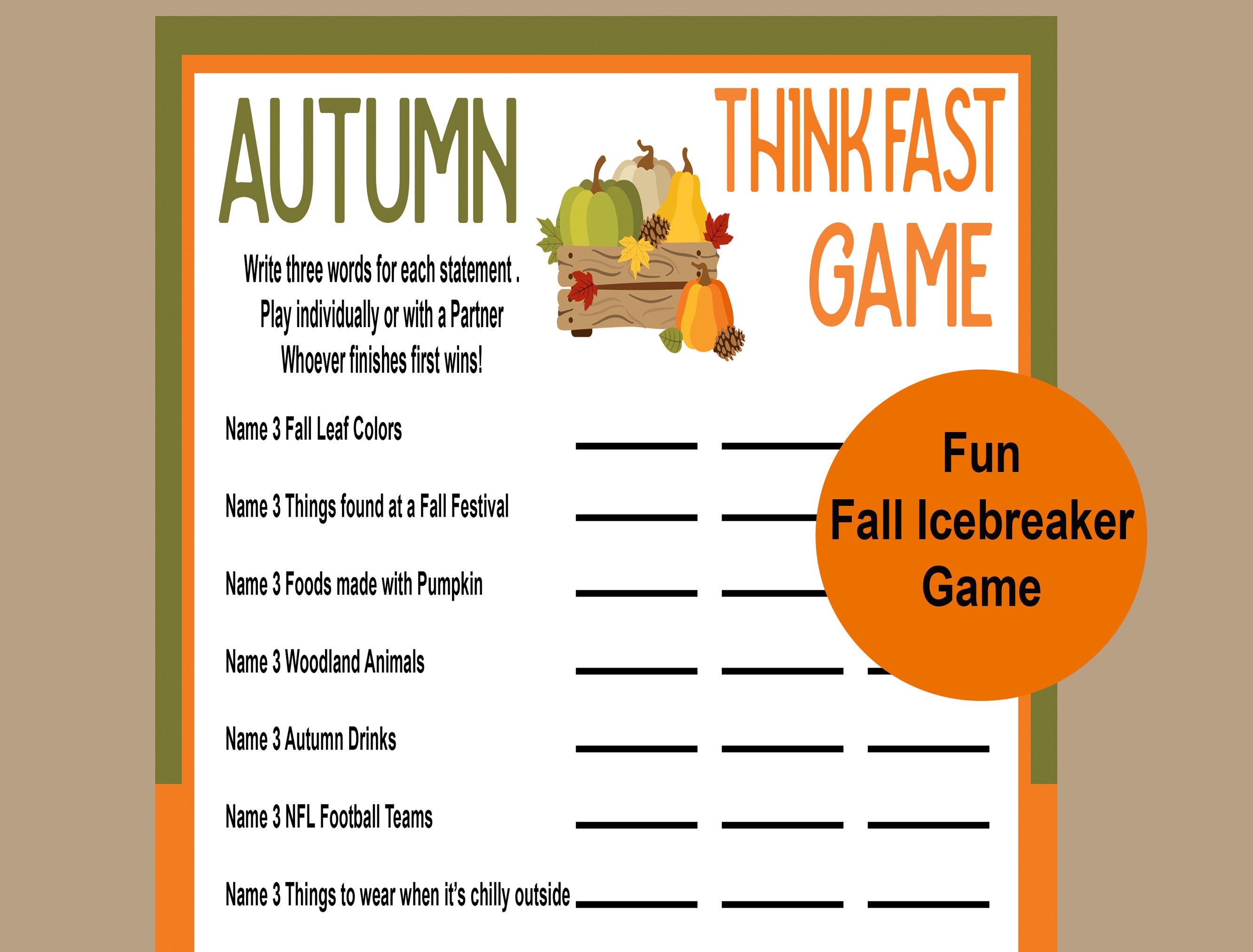 Think Fast Icebreaker Game Printable | Instant Download