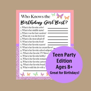 Who Knows the Birthday Girl Best Game, Teen Birthday Games, 10th, 11th, 12th, 13th, 14th, 15th, 16th Birthday Games, Party Games, Printable