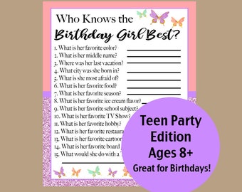 Who Knows the Birthday Girl Best Game, Teen Birthday Games, 10th, 11th, 12th, 13th, 14th, 15th, 16th Birthday Games, Party Games, Printable