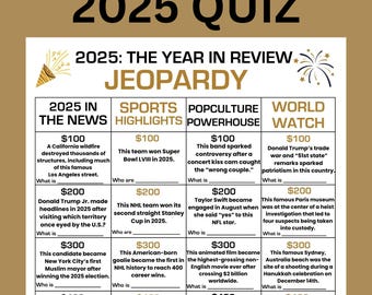 Gioco Jeopardy di Capodanno, Gioco a quiz di Capodanno, Rassegna dell'anno 2025, Gioco a quiz stampabile per la festa di Capodanno 2025, Quiz di Capodanno