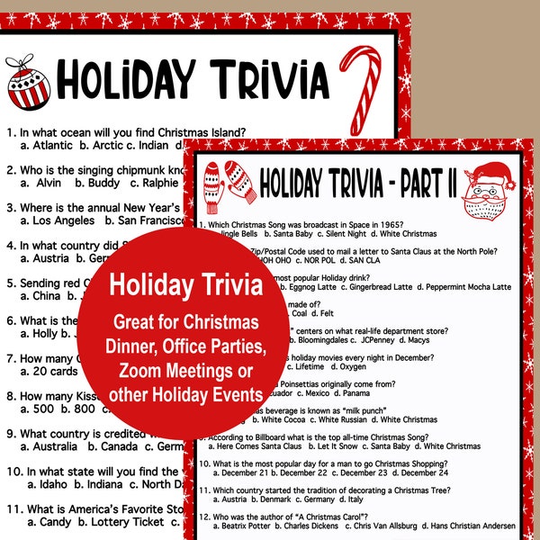 Holiday Trivia Games, Christmas Trivia, Christmas Printable Game, Holiday Party Game, Office Party Game, Zoom Holiday Trivia Printable