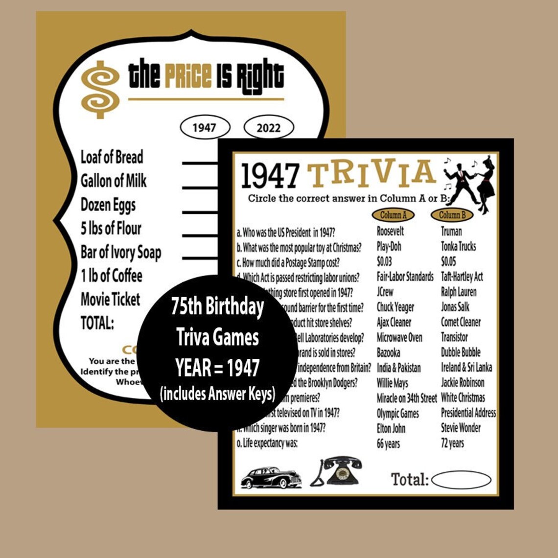 75th Birthday Games 75th Birthday Party 1947 Trivia Game - Etsy