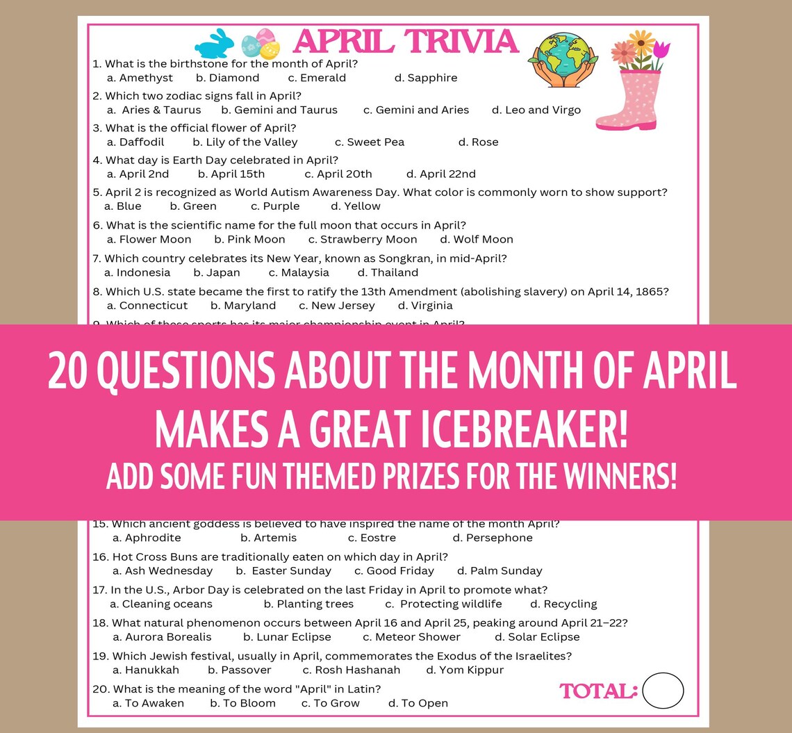 April Trivia Game, Month of April Trivia, Spring Trivia Game, April ...