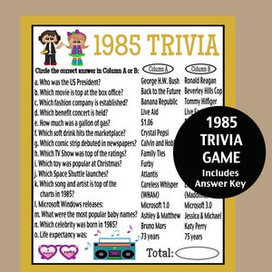 Giochi per feste di compleanno del 1985, Riunione di classe del 1985, Gioco a quiz sul compleanno del 1985, Quiz sulla festa degli anni &#39;80, Gioco Ritorno agli anni &#39;80, Download immediato