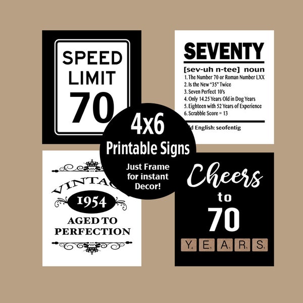 70th Birthday Printable 4x6 Table Party Signs, 70 Birthday Party Decorations, 1954 Birthday, Cheers to 70 Years, Instant Download