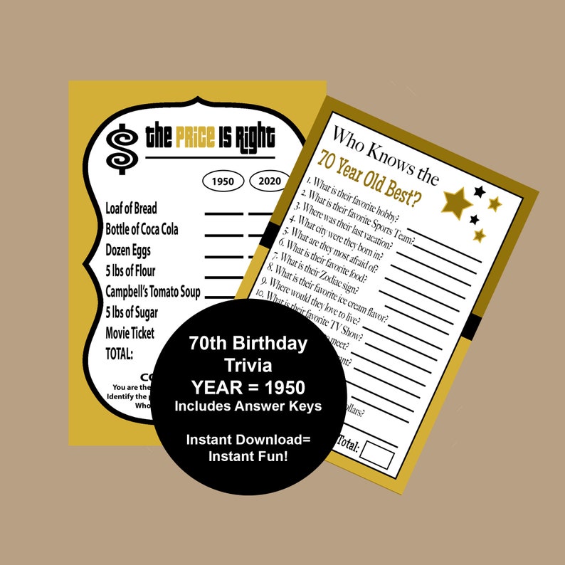 70th birthday party games 70th birthday gold and black trivia etsy