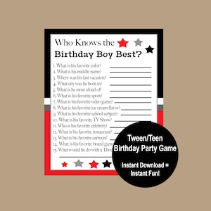 Teen Birthday Games, Tween Birthday Game, 12th, 13th, 14th, 15th  Birthday Games, Who Knows the Birthday Boy Best Game, Printable Game