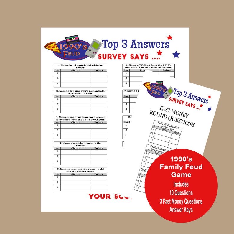 May include: A printable 1990's Family Feud game with 10 questions, 3 fast money questions, and answer keys. The game includes a survey says round and a fast money round.
