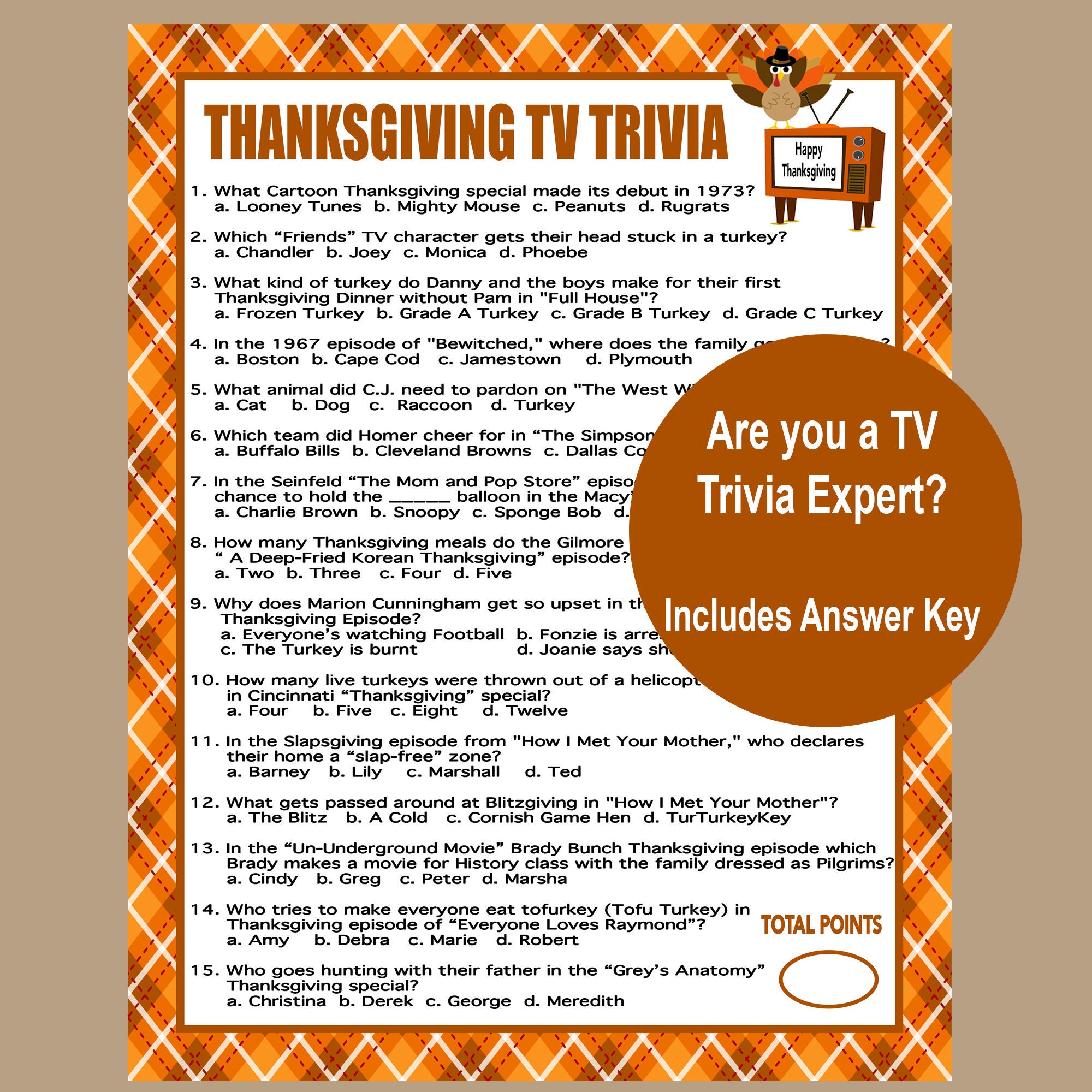 Thanksgiving Trivia Game, Think Fast Game, Thanksgiving Printable Games,  Fun Friendsgiving Game, Zoom Game, Family Game, Instant Download