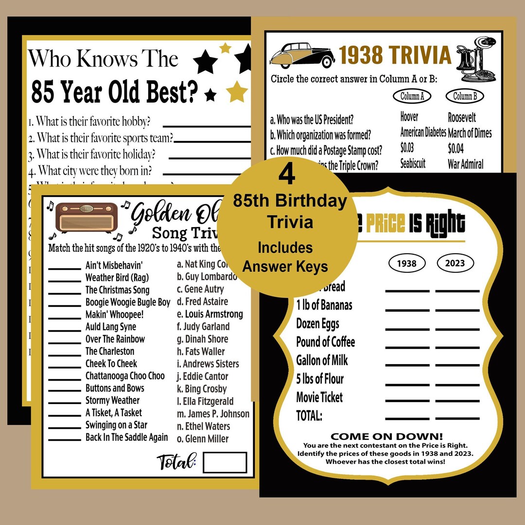 85th Birthday Party Games, 1938 Trivia Games, 1938 Birthday Party, Fun ...