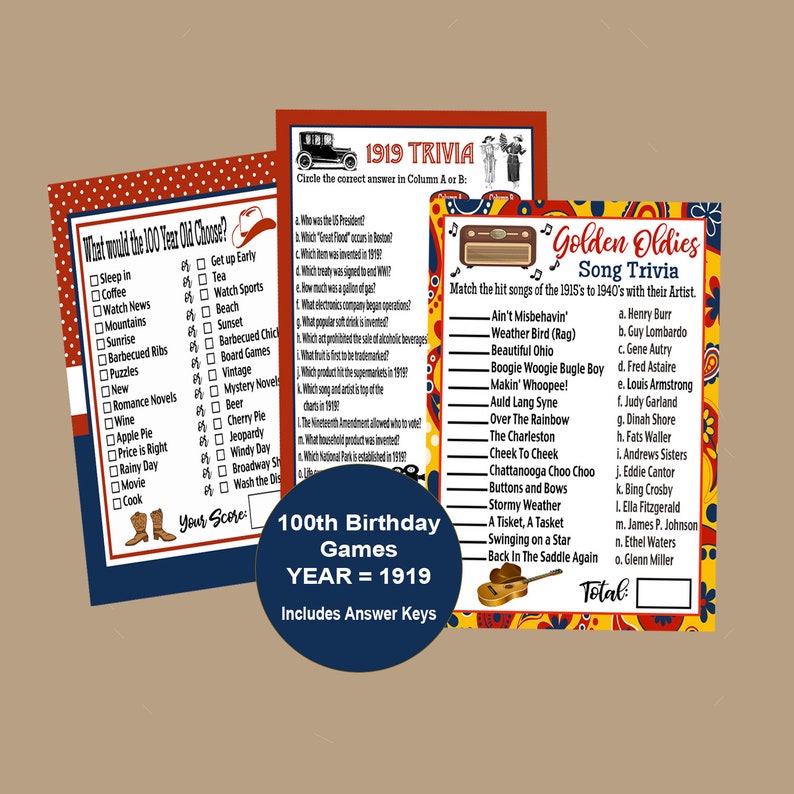 1919 Birthday Party Games Western Party Games 100th Milestone Birthday 100th Birthday Party Facts About 1919 Trivia Instant Download