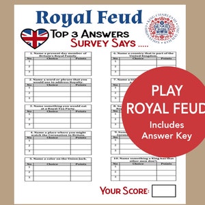 King Charles Coronation Royal Feud Game, Royal Coronation Game, Coronation Viewing Party Activity, Royal Tea Party Game, Seniors Game