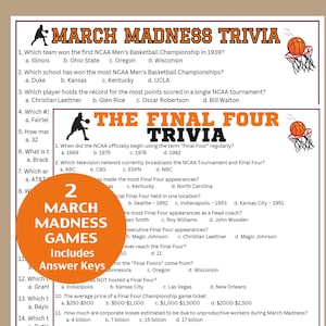 Op de afbeelding: Een printbaar trivia-spel over het NCAA Men's Basketball Tournament, ook bekend als March Madness. Het spel bevat vragen over de geschiedenis van het toernooi, waaronder het eerste kampioenschap, de meeste punten die in één toernooi zijn gescoord en de meeste Final Four-optredens. Het spel bevat ook vragen over de Final Four zelf, zoals wanneer de term "Final Four" voor het eerst werd gebruikt en welk televisienetwerk het toernooi uitzendt.