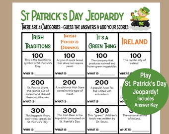 St Patricks Day Jeopardy, St Patricks Day Game. Patricks Day Trivia, School St Patricks Day Printable Game, Seniors Game, Group Game