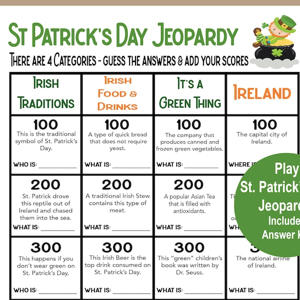 Jeopardy St Patricks Day, jeu St Patricks Day. Patricks Day Trivia, School St Patricks Day Printable Game, Seniors Game, Group Game