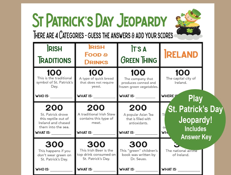 May include: A green and white St. Patrick's Day Jeopardy game board with four categories: Irish Traditions, Irish Food & Drinks, It's a Green Thing, and Ireland. Each category has three questions worth 100, 200, and 300 points. The game board is decorated with a cartoon leprechaun holding a pot of gold.