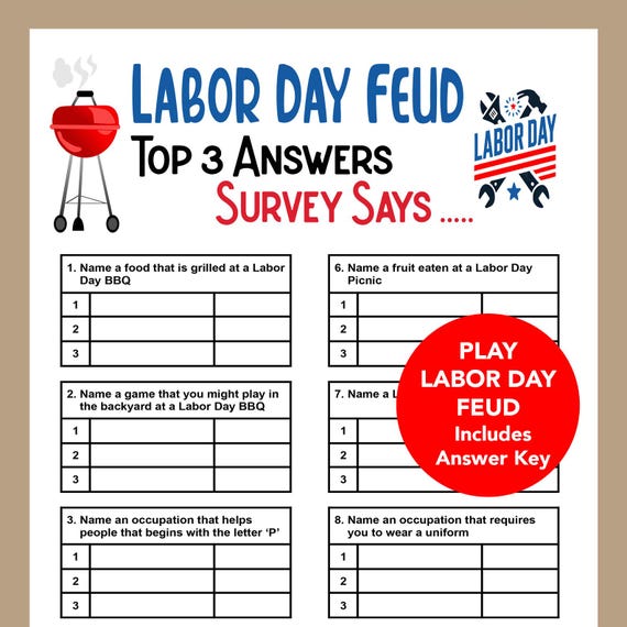 Labor Day Feud, Labor Day Trivia, Labor Day Facts Quiz, Family BBQ Games, Labor Game Party Game, Office Party Summer Games
