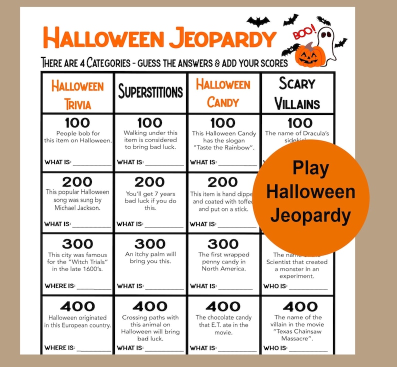 Halloween Jeopardy Game, Halloween Trivia Game, Seniors Halloween Game, Teens Halloween Trivia Fun Game, Halloween Party Game image 1