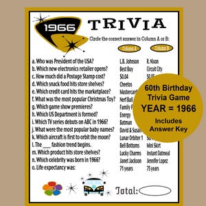 1966 Trivia Game, 60th Birthday Party Game, 60th Birthday Gold and Black Trivia Party Game, 1966 Party Icebreaker Game, Instant Download