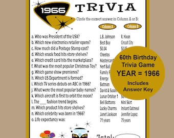 1966 Trivia Game, 60th Birthday Party Game, 60th Birthday Gold and Black Trivia Party Game, 1966 Party Icebreaker Game, Instant Download
